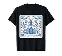 Dutch Delft Blue Windmill & Canal Houses with Floral Tulips T-Shirt