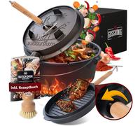 GUSSKÖNIG Pre-Seasoned Dutch Oven Set - 7 L Cast Iron Dutch Oven Pot with Lid, Fire Pot with Feet for Bread Baking & Cooking - Includes 2-in-1 Lid Lifter, Brush & Recipe Book [for 3-5 People]