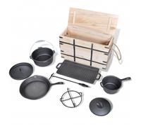 Dutch Oven Cookware Set Camping Barbecue Grill Pan Wooden Box 9pcs Cast Iron