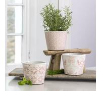 Dutch Pot, 1x Rose Pink & White Crackle Glazed Terracotta Plant Pot - 3 Styles (Sold Individually), Medium Rustic Plant Pot Cover, Succulent Planter, Terracotta Pot (12 x 14cm) (Floral Leaves)