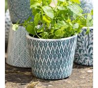 Dutch Pot, White Teal Blue Crackle Glazed Terracotta Plant Pot Cover, Rustic Teal Dutch Pot, Geometric Diamond Leaf Patterned Pot, White Pot, Succulent Planter