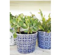 Dutch Pot x1, Blue & White Moroccan Tile Design Indoor Succulent Planter Herb Pot, White & Blue Terracotta Crackle Glaze Boho Flower Planter- 2 Designs - *Sold Individually* (Design 2 Right in Photo)