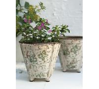 Dutch Pot x1, Weathered Shabby Chic Plant Pot, Old Dutch Pot with Feet, Green & White Floral Pattern Plant Pot, Square Planter, Vintage Style White & Green French Style Plant Pot Cover - Flo