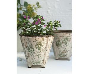 Dutch Pot x1, Weathered Shabby Chic Plant Pot, Old Dutch Pot with Feet, Green & White Floral Pattern Plant Pot, Square Planter, Vintage Style White & Green French Style Plant Pot Cover - Flo