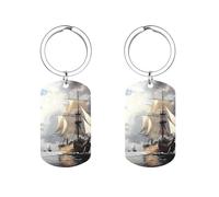Dutch Ships Sailing Cute Metal Tags Rectangular Keychain Stainless Steel Key Rings Dog Label 2" X 1.1"