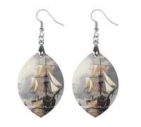 Dutch Ships Sailing Women's Wooden Earring Apricot Shaped Dangle Earrings Pendant Jewelry