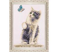 DUTCH STITCH BROTHERS - Counted Cross Stitch Kit - DSB013A - Cat with Butterfly - White Aida - 13.4 x 9.5 Inch - DIY for Adults