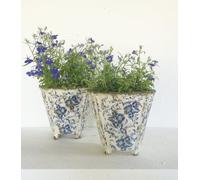 Dutch Weathered Shabby Chic Square Plant Pot with Feet - Blue & White Floral Pattern, French Style Container Cover - Flo for Succulents