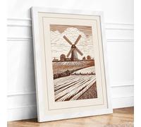Dutch Windmill at Rest Vintage Framed Wall Art Print A1 (84.1×59.4cm) White, Wall Decor for Living Room, Bedroom, Office & Home, Ready to Hang, Art Gift