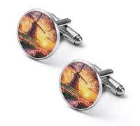Dutch Windmill at Sunset Cufflinks for Men Women Cuff Links Tuxedo Shirt Personalised Printed Jewelry Accessories