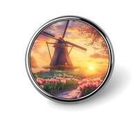 Dutch Windmill at Sunset Round Brooch Pins Badge Printed Button Tie Lapel Backpack Pin Decoration for Women Men