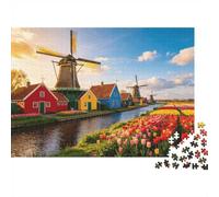 Dutch Windmill Jigsaw Puzzles 1000 Pieces Recycled Material Tulip Fields Puzzles for Elderly Relieve Senile Dementia Fun Family Game Activity Home 70x50cm/1000pcs