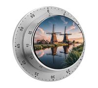 Dutch Windmill Kitchen Timer - Mechanical Visual Timer, Stainless Steel Digital Timers with Magnetic Base Egg Timers for Hard Boiled Eggs 60-Minute Countdown Kitchen Clock for Cooking
