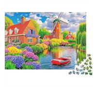 Dutch Windmill Scene 1000-Piece Adults Jigsaw Puzzle Windmill Village Canal Flowers Premium Thick Sturdy Vibrant Challenging Stress Relief 52x38cm/1000pcs