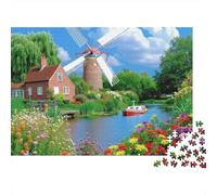Dutch Windmill Scenery 1000 Piece Stress Relief Puzzle for Adults Windmill Cottage Canal Flowers Premium Thick Sturdy Challenging Relaxation 52x38cm/1000pcs