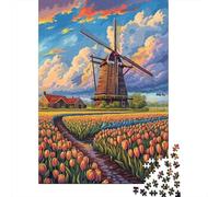 Dutch Windmill Tulip Field-4 Jigsaw Puzzles Puzzle for Adults Kids. 1000 Piece Impossible Challenge Toy Educational Game Home Decoration for Adults& Kids Age 14 Years Up 52x38cm/1000pcs