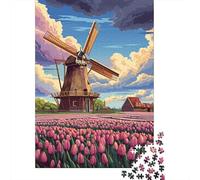 Dutch Windmill Tulip Field-6 Jigsaw Puzzles Puzzles for Adults Kids. 1000 Pieces Impossible Challenge Toy Educational Games Home Decoration for Educational Games Gifts 38x26cm/1000pcs