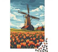 Dutch Windmill Tulips Landscape 1000-Piece Puzzle for Adults, 52x38cm/1000pcs, White Card Pieces for Cleaner Handling; A Rewarding Project to Return to