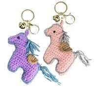 Duuclume Crochet Plush Pony Keychain with Bell,Cute Cartoon Stuffed Horse KeyChain Keyring Bag Charm for Women and Pet Lovers (Pink and Purple)