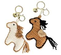 Duuclume Crochet Plush Pony Keychain with Bell,Cute Cartoon Stuffed Horse KeyChain Keyring Bag Charm for Women and Pet Lovers (Beige and Brown)