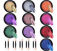 Duufin 10 Jars Nail Chrome Powder Metallic Mirror Effect Nail Powder 1g/Jar with 10 Pcs Eyeshadow Sticks, 10 Colours