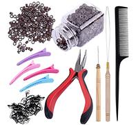 Duufin Hair Extensions Tools Kit - 500 Brown Micro Ring Beads, 1 Pc Micro Beads Plier, 2 Loop Needles, Threader, Pulling Hook, 4 Plastic Alligator Clips, Comb and 2 Bags Mini Rubber Bands