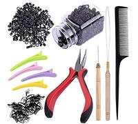 Duufin Hair Extensions Tools Kit 500 Pcs Black Micro Ring Beads 1 Pc Micro Beads Plier 2 Pcs Loop Needle Threader Pulling Hook 4 Pcs Plastic Alligator Clips 1 Pc Comb and 2 Bags Mini Rubber Bands