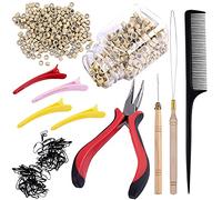 Duufin Hair Extensions Tools Kit 500 Pcs Blonde Micro Ring Beads 1 Pc Micro Beads Plier 2 Pcs Loop Needle Threader Pulling Hook 4 Pcs Plastic Alligator Clips 1 Pc Comb and 2 Bags Mini Rubber Bands