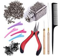 Duufin Hair Extensions Tools Kit with 500 Pcs Dark Blonde Micro Ring Beads, Loop Needle Threader Pulling Hook Micro Beads Plier Plastic Alligator Clips Mini Rubber Bands and Comb, Dark Blonde