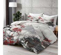 Duvet 200x200 cm, Chinese Ink Painting Architecture Suitable for All Year Round coverless Duvet, Box Stitched Quilt Machine Washable, Anti-clumping & Fast-drying Comforter set, Red Plum Blossoms