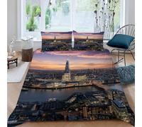Duvet Cover 150 x 200 London Bedding Sets Soft Microfibre 3D Modern Cityscape Quilt Cover with Zipper Closure + 2 Pillowcases 50x75 cm Bedroom Bed Set B-1032