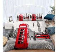 Duvet Cover 240 x 220 cm Gray Bedding Sets Soft Microfibre 3D London Red Telephone Box Quilt Cover with Zipper Closure + 2 Pillowcases 50x75 cm Bedroom Bed Set B-1672