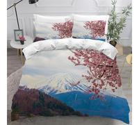 Duvet Cover 240 x 220 cm Japanese Landscape Bedding Sets Soft Microfibre 3D Cherry Blossoms on Mount Fuji Quilt Cover with Zipper Closure + 2 Pillowcases 50x75 cm Bedroom Bed Set B-6796