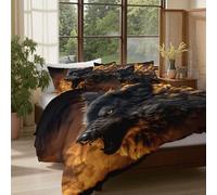Duvet Cover 260x220cm Flames Howling Wolves Bedding Bed Set for Bedroom, Adults Soft Reversible Microfiber Quilt Covers, Dark Fantasy Art Comforter Cover with 2 Pillowcases Zipper Closure