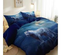 Duvet Cover 3 Pieces Dark Blue Duvet Cover With 2 Pillow Shams Nature White Tiger Moonlit Night Rocks Soft Bedding Set For All Season Breathable Zipper Closure Double Size (200 X 200 Cm)