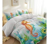 Duvet Cover 3 Pieces White Duvet Cover With 2 Pillow Shams Watercolor Seahorse Coral Seaweed Soft Bedding Set For All Season Breathable Zipper Closure Single Size (135 X 200 Cm)