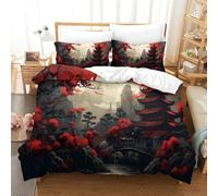 Duvet Cover 3d Red Pagoda Set Theme,Easy Care, Asian Mystical Landscape 3D Printed Quilt Cover Pillowcases, Bedding Set with Hidden Zipper Closure Comforter for Adult Kids Bedroom Super King（260x220cm