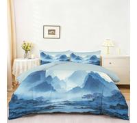 Duvet Cover Abstract Chinese Style Mountains River Painting Print Microfiber Reversible Bedding Set with 2 Pillowcases - Double Size Soft Comforter Duvet Cover, Blue Breathable 3-Piece Bedding Set