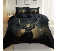 Duvet Cover Animal Mystical Deer theme, King Size Soft Comfy Microfiber Jungle Deer Print Bedding 3pcs Set With Zipper Closure, Black Reversible Duvet Covers with 2 Pillowcases 50 x 75 cm
