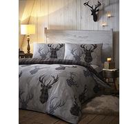 DUVET COVER BED SETS - TARTAN STAG REVERSIBLE BEDDING CHECKED QUILT COVER BED SET GREYS (Double)