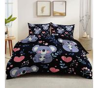 Duvet Cover Bedding black Set, 100% Microfiber Super soft Reversible Cute heart koala flowers, Suitable for bedroom, guest room Decor 135 x 200 cm with zipper Closure,Easy Care