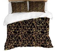 Duvet Cover Bedding Set - 100% Microfiber Polyester Duvet Set Double Size 3 Pieces, Hypoallergenic Quilt Cover Set + 2 Pillowcases, Black Gold Geometric Lines Abstract Retro Art Printed Pattern 200