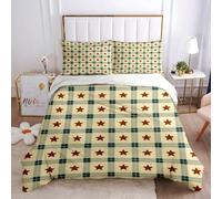 Duvet Cover Bedding Set - 100% Microfiber Polyester Duvet Set Double Size 3 Pieces, Hypoallergenic Quilt Cover Set + 2 Pillowcases, Yellow Background With Blue Grid And Red Stars Printed Pattern 20