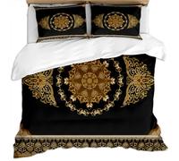 Duvet Cover Bedding Set - 100% Microfiber Polyester Duvet Set Single Size 3 Pieces, Hypoallergenic Quilt Cover Set + 2 Pillowcases, Black Gold Luxury Pattern Bohemian Luxury Art Printed Pattern 135
