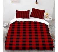 Duvet Cover Bedding Set Double Size, Plaid Checkered Striped Decor Quilt Cover, Microfiber 3D Print Comforter Cover with Zipper, Soft & Cosy Breathable Comforter Covers, Black Red