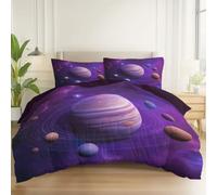 Duvet Cover Brushed Microfiber Fantasy Galaxy Space Planets Print, Reversible Bedding Sets with Zipper Closure for Bedroom Decoration 53" x 79" with 2 Pillowcases 20" x 30", Purple