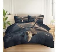 Duvet Cover Brushed Microfiber Modern Military Fighter Jet Print, Reversible Bedding Sets with Zipper Closure for Bedroom Decoration 102" x 87" with 2 Pillowcases 20" x 30", Gray-Blue