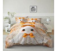 Duvet Cover Brushed Microfiber Super King Bedding Set 3 Pcs - 1 Duvet Cover 260 x 220 cm 2 Pillowcases 50 x 75 cm, Flowers Bows Ghosts Soft Printed, Anti Allergic White Yellow