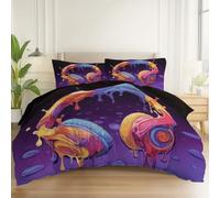 Duvet Cover Brushed Microfiber Surrealism Cartoon Headphones Print, Reversible Bedding Sets with Zipper Closure for Bedroom Decoration 53" x 79" with 2 Pillowcases 20" x 30", Dark Brown