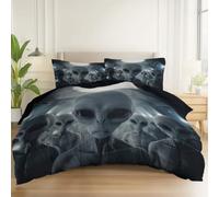 Duvet Cover Brushed Microfiber Surrealism Fantasy Aliens Print, Reversible Bedding Sets with Zipper Closure for Bedroom Decoration 90" x 87" with 2 Pillowcases 20" x 30", Black